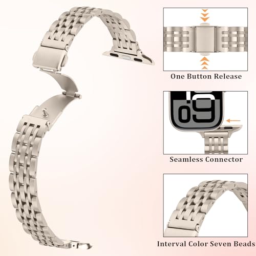 Image of Anlinser Metal Bands Compatible with Apple Watch Band for Women 49 /46 /45 /44 /42 /41 /40 /38mm, Thin Band Designed for iWatch Series 11 10 9 8 7 6 5 4-1 SE (42 /41 /40 /38mm, Starlight)