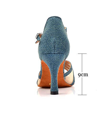 TDA Women's Flared Heel T-Strap Mesh Denim Fabric Salsa Tango Rumba Samba Latin Modern Dance Shoes2