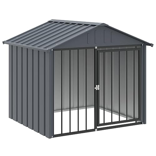 vidaXL Caseta para Perros, Perrera con Tejado Puerta, Casa para Animales, Jaula para Jardín Patio, Acero Galvanizado Negro 117x103x102 cm