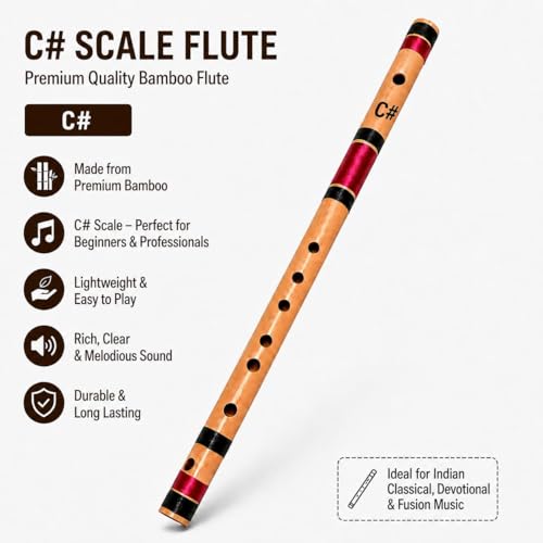 Image of Kaiden Flute | C# Bamboo Flute | Basuri in C# | 100% Natural Bamboo, 35 cm | 7 Holes, Ideal for Practice | Best For Beginner and Professional | Premium Bamboo Bansuri Flute in C# | 46 cm, Lightweight