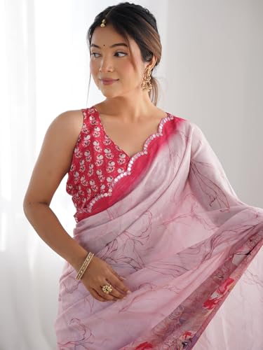 Image of Panzora Women's Chinon Printed Saree With Unstitched Blouse Piece