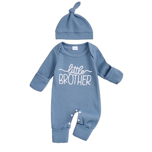 Image of XRTBMN Little Brother Newborn Outfit Baby Boy Long Sleeve Embroidery Letter Romper Fall Winter Clothes Solid Waffle Jumpsuit
