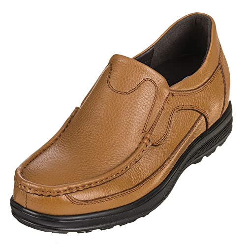 Image of CALTO Men's Invisible Height Increasing Elevator Shoes - Tan Brown Leather Slip-on Lightweight Casual Loafers - 3.2 Inches Taller - G1829 - Size 9 D(M) US