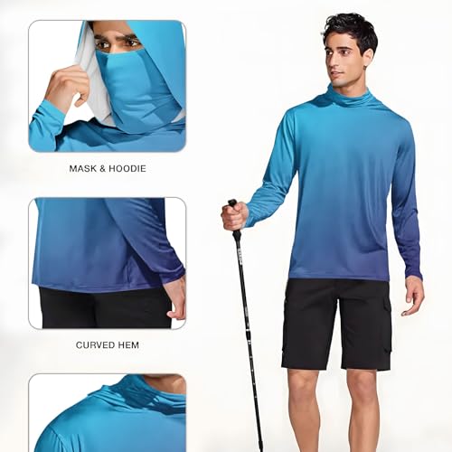 Mens Sun Shirt with Hood and Mask UPF 50+ Long Sleeve UV Protection Hiking Outdoor Running Hoodies Rash Guard Fishing 6