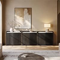 BELLEZE Set of 3 Modular Sideboard Buffet Cabinet with Storage,105'' Modern Credenza with Adjustable Shelves, Fluted Black Console Table with Faux Marble Panel for Kitchen, Entryway, Dining Room