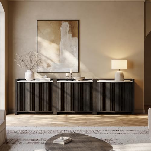 BELLEZE 105'' Modern Credenza with Adjustable Shelves, Set of 3 Modular Sideboard Buffet Cabinet with Storage,Fluted Black Console Table with Faux Mar