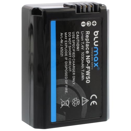 Batterie Blumax NP-FW50 1030mAh | Compatible avec Sony ILCE-6000 Alpha 6000 6500 Alpha 7 77 a6300 a7r a7 a7s 7-II 5000 a7sii 6300 | 7.4V 7,6Wh Plus de...