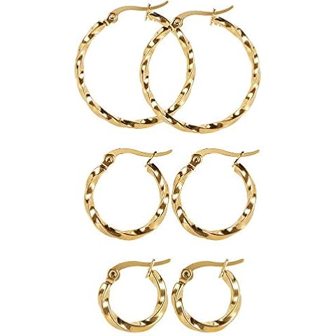 Senmaid 3 Pairs Twisted Stainless Steel Hoop Earrings Set for Girls Women,Gold Cover