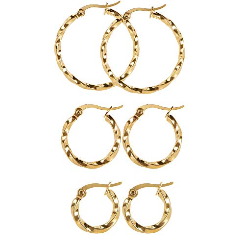 3 Pairs Twisted Stainless Steel Hoop Earrings Set for Women 14K Gold Plated Lightweight Dangle Earrings Silver Gold