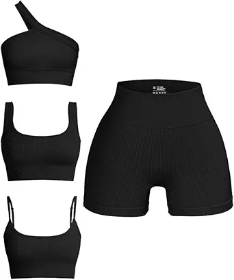 OQQ Women's 4 Piece Outfits Ribbed Seamless Exercise Scoop Neck Sports Bra One Shoulder Tops High Waist Shorts Active Set