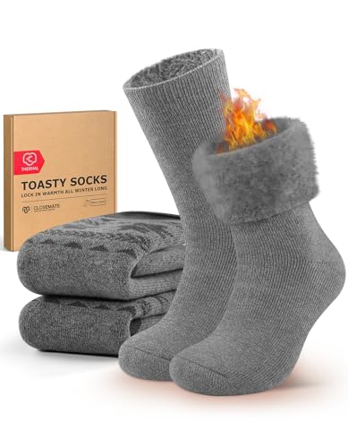 CLOSEMATE Mens Winter Thermal Socks Thick Warm Soft Comfortable Moisture Wicking for Cold Weather & Casual Wear(1LightGrey1Holographic Grey,M)