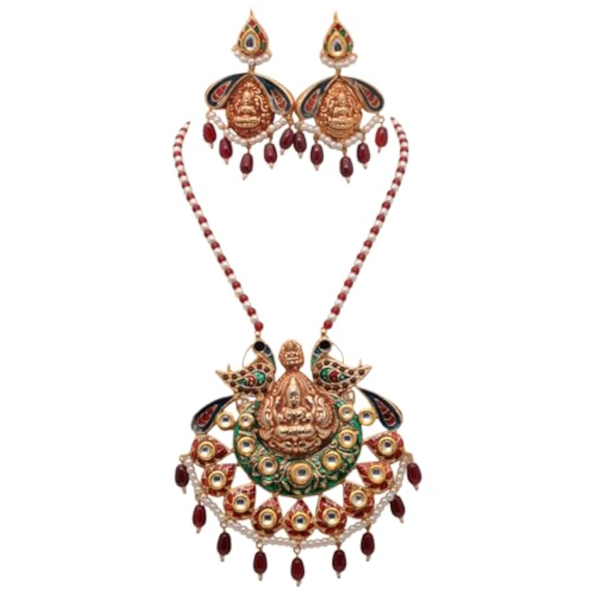 Women's Divine Goddess Lakshmi Pendant & Earring Set with Pearl & Ruby Beads