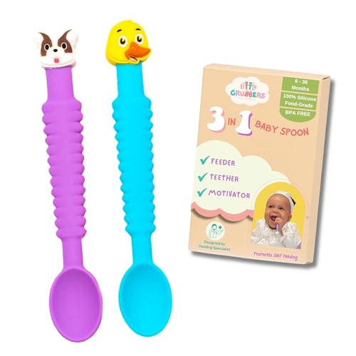 Little Grubbers 3-in-1 Silicone Baby Spoon - Teether Spoon with Animal Head for Baby Led Weaning Supplies, Designed by Expert for Safe, Mess-Free, Fun Self Feeding - Ideal for 6 Months Old, Dog & Duck