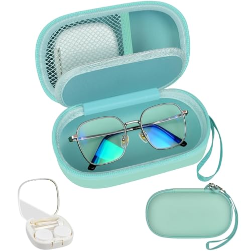 Image of Portable 2 in 1 Contact Lens Case and Glasses Case, Traveling Contact Cases Bag Box Holder with Soak Storage Kit Included Built-in Mirror, Tweezer, Contact Lens Solution Bottle and Hand Strap-Green