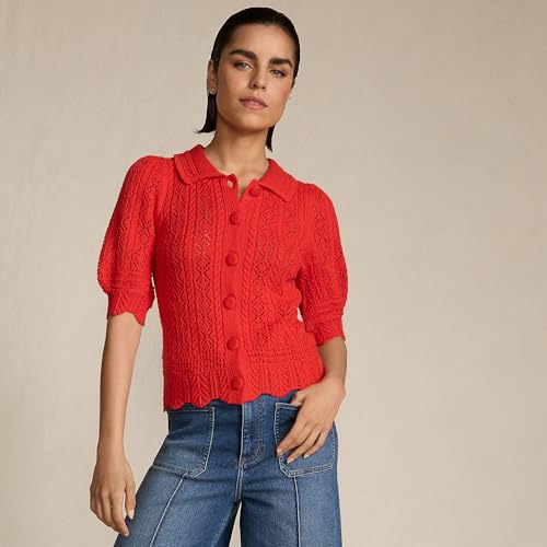 Lands' End Women's Lace Pointelle Puff Sleeve Cardigan Sweater Small Coral Red4