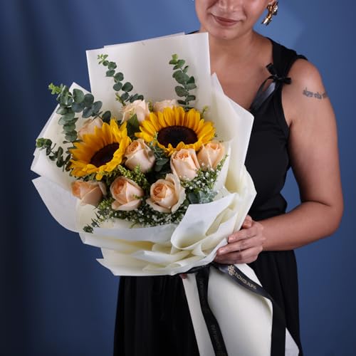 FlowerAura Premium Fresh Live Flower Bouquet of 2 Sunflower & 6 P...