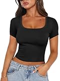 ANRABESS Women's T-Shirts Cropped Tops Going Out Slim Fit Short Sleeve Square Neck Ribbed Tight Casual Basic Y2k Trendy Clothing Teen Tight Shirt 1445 heise-M Black
