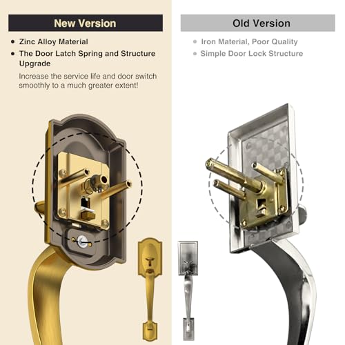 Image of Front Door Lock Set, Brass Front Door Handle and Deadbolt Set, Vintage Exterior Door Lock Set, Front Door Handle with Single Cylinder, Reversible for Right & Left, Antique Brass