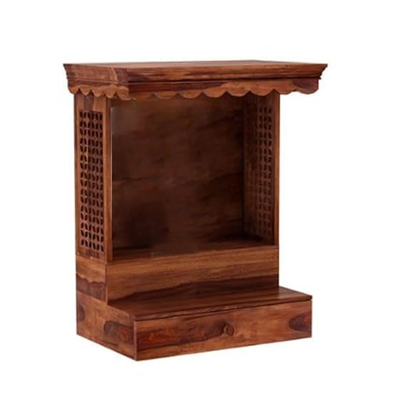 Image of Sheesham Wood Temple Solid Wood Classic Wooden Temple for Home, Office Pooja Mandir with 1 Drawer for Storage Home Decoration | Wall Devghar