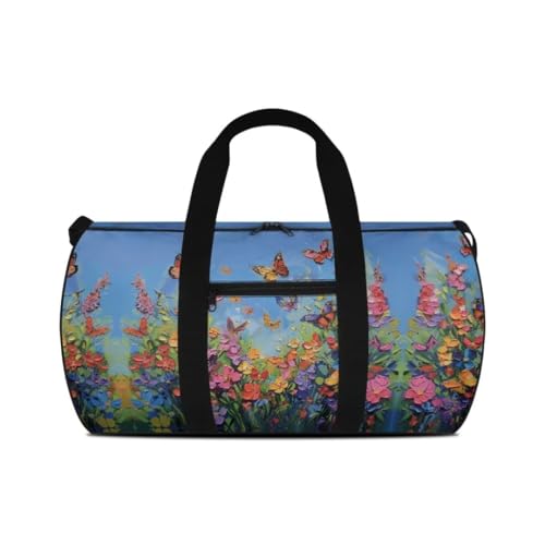 Boatee Flower Butterfly Duffle Bag for Women Travel Bag Large Duffel Bag Lightweight Weekender Handbag Foldie Travel Bag Expandable Travel Makeup Hand Bag with Zipper Holdall Purse for Gym Blue
