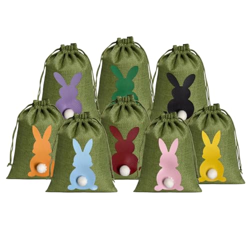 24 Stück Oster-Jutebeutel, Hasen-Jute-Geschenktüten mit Kordelzug, Oster-Geschenktüten für Ostern, Geburtstag, Party, Gastgeschenke, Dekoration, Zubehör, 10 x 15 cm (Grüner)