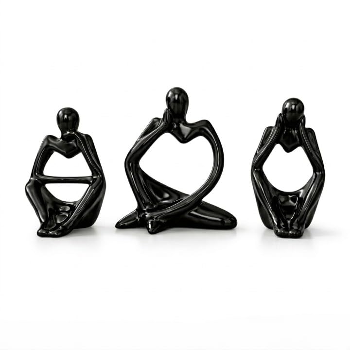 Image of Floryn Decor Thinker Men Statue Set of 3 - Modern Black Matte Ceramic Showpiece for Home Decor, Living Room, Bedroom, Office Desk & Table, Bookshelf Decoration | Minimalist Abstract Figurines