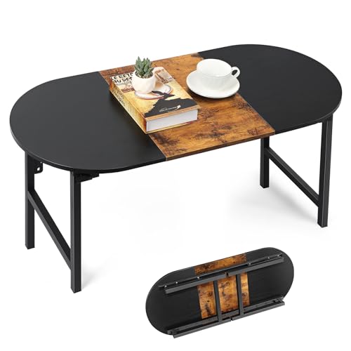 CADUKE Folding Coffee Table for Small Spaces, Portable Low Table with Leg Latches Wood Oval Center Table Small Coffee Tables for for Living Room, Home and Camping, Industrial Black & Brown