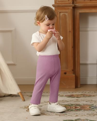 5 Pack Baby Girl Pants: Infant Solid Ribbed Pants Soft Cotton Pull On Leggings for Toddler 0-48 Months4
