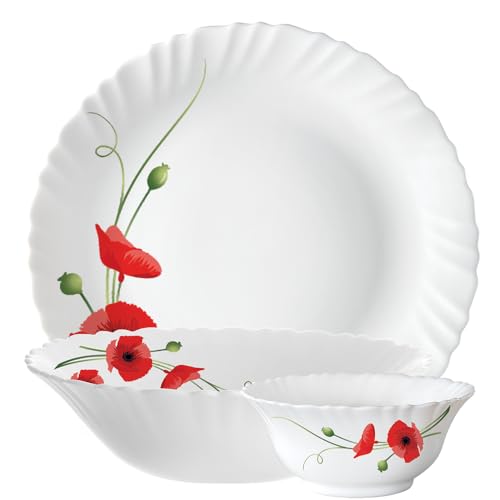 Image of Larah by BOROSIL Red Carnation Opalware Dinner Set, (14-Pieces, White)