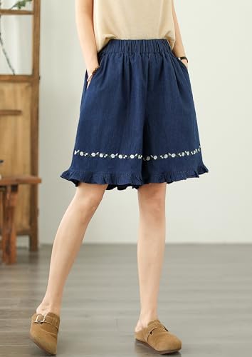 LAI MENG FIVE CATS Women's Summer Loose Casual Jeans Elastic Waist Wide Leg Denim Short Pants3