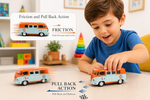 Image of 1:36 Scale Volkswagen T1 Samba Bus Die Cast Model - Gulf Racing Edition, Pull Back Action, Dual Openable Side Doors, Zinc Alloy Metal Body, Vintage Collectible Toy Van for Kids & Adults