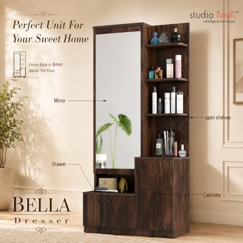 Image of Studio Kook Bella Dressing Table with Mirror and Storage, Junglewood | Engineered wood, Full-length mirror, Soft-close hinges, 30kg telescopic drawer, Open shelves + cabinet storage, Matte finish