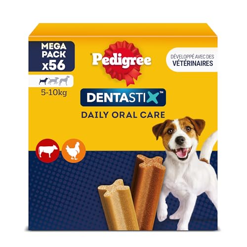 PEDIGREE DENTASTIX 56 Bâtonnets à Mâcher pour Petits Chiens 5-10kg, 8 Sachets de 7, Saveur Poulet et Bœuf, Détartrage Dentaire Chien, Soins Dentaires pour Chien