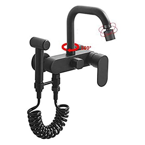 Multi-Function Kitchen Taps Wall Mounted Contemporary Kitchen Faucet Wall-Mounted 360 ° Rotation Folding hot and Cold Water in-Wall Sink Faucet with Pressure Spray Gun-Black Cover