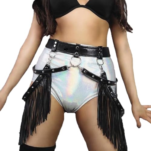 Women Sexy Punk PU Leather Belts Tassel Rave Body Chain Harness Accent Piece Double Straps with Fringe Rivet Skirt