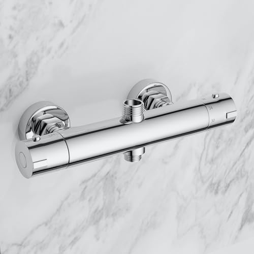 MORADO Duscharmatur Mit Thermostat, Armatur Dusche Mit 2 Auslässen, 3/4' BSP (26,4 mm) Auslass Oben und 1/2' BSP (21 mm), Runde Form, Verchromt