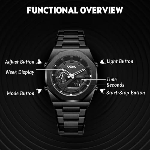 Image of V2A Allure Analogue-Digital Watch for Men, Alloy Case, Stainless Steel Band, 30M Water Resistant, 5 Alarms, World Time, Countdown, Stopwatch Men Watch | Birthday Gift for Man (Black-Black)