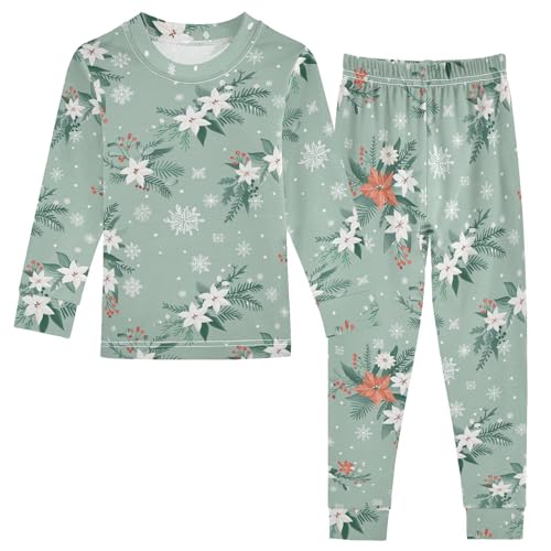 Fustylead Christmas Snowflakes and White Holly Floral Cotton Pajamas 2-Piece Long Sleeve Sleepwear Matching Set
