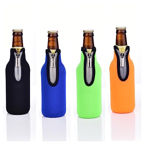 AF-WAN Funda para botellas de cerveza estándar de 330 ml, con cremallera, funda de neopreno engrosada antideslizante (4 unidades), color negro, azul, verde, naranja