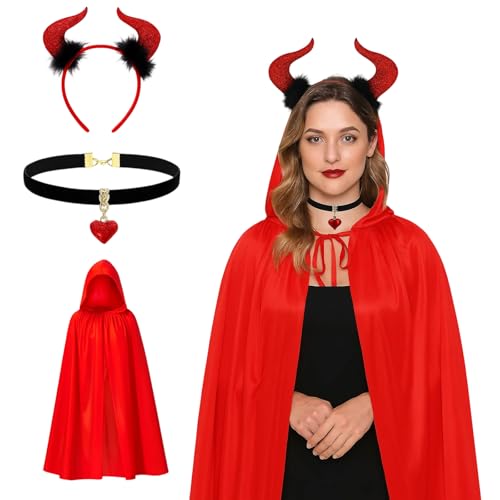 PcvGef Teufel Kostüm, 3-teiliges Set mit Teufel Kostüm damen, Roter Umhang und Schwarzer Halskragen, Halloween Kostüm für Damen und Herren,...