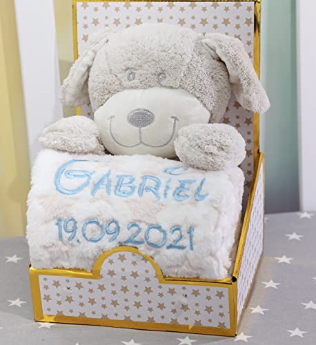 BotoBaby® - Geschenk-Set - Babydecke mit Namen und Geburtsdatum + Motiv + Plüschtier - Geschenk Taufe Geburt Baby-Shower (Beige - Hund) Cover