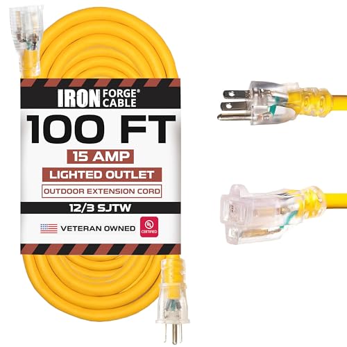 IRON FORGE CABLE 100 Foot Outdoor Extension Cord - 12/3 SJTW Heavy Duty Yellow 3 Prong Extension...