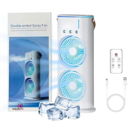 Image of (5-Year Warranty) 2025 Double Ended Cold Air Spray Fan USB Rechargeable Oscillating Table Fan with Remote, Touch Control, Ice Fill for Home, Office & Outdoor Use- White