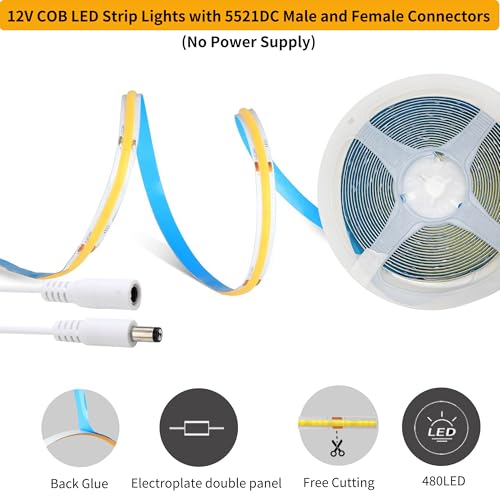 Image of 12VCOB LED Strip Lights with 5521DC Male and Female Connectors,8mm Width,6.56FT /2M,480LEDs /M,Cool White 6500K Bright Lights,Not Waterproof IP20,for DIY Home Indoor Decoration