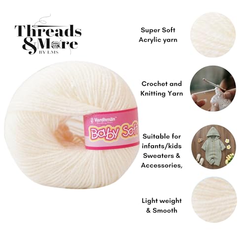 Image of Vardhman Baby Soft Yarn Pack of 6 - 4-Ply Acrylic Wool 150g Total | Soft Yarn for Knitting & Crocheting Baby Blankets, Sweaters, Toys & Accessories | 86m per 25g Ball (1, Off White)