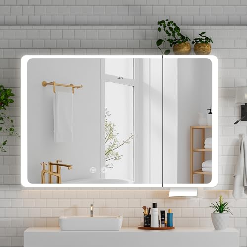 Aovquof Spiegelschrank mit Beleuchtung - 80×70cm Spiegelschrank Bad mit Stauraum, Badspiegelschrank mit einstellbaren dimmbaren LED-Leuchten mit Demist-Funktion, abgerundet Schwarz