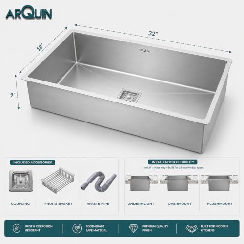 Image of ARQUIN Kitchen Sink 32 inchx20 inchx10 Inch Handmade Single Bowl sink Heavy Duty Stainless Steel Sink for Kitchen Basin with Brushed Matte Finish Including Coupling, Hose Pipe, Fruit Tray