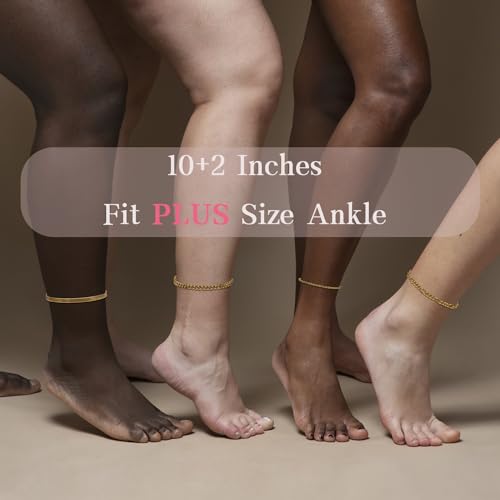Plus Size Ankle Bracelets for Women - Extra Large 10"+2" Adjustable Anklet 14K Real Gold Plated Anklet Cuban Link, Figaro, Rope, Snake Herringbone - Summer Beach Waterproof Foot Jewelry3
