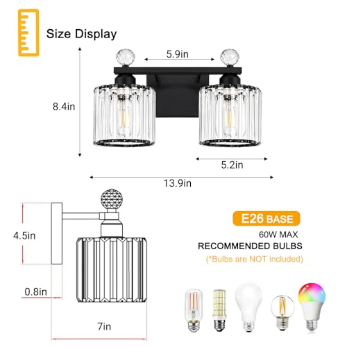 Image of Lxybcce Modern Crystal Bathroom Vanity Light, 14In 2-Lights Bathroom Light Fixtures, Black Vanity Light Fixtures Over Mirror, Easy Installation & Shadow-Free Illumination for Bathroom Mirror Decor