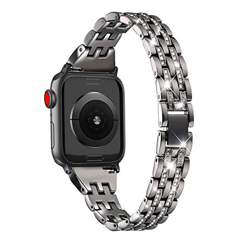 Mtozon Bling Bands Compatible with Apple Watch Series 9/8/7/6/5/4/3/2/1 41mm/40mm/38mm iwatch Slim Bands for Women, Metal Dressy Bracelet Luxurious Wristband, Black